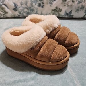 UGG Tan and Cream Shearling Clogs